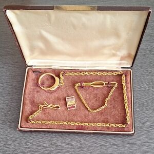Vintage 1940s Swank Gold Tone Watch Chain And Tie Bar Set